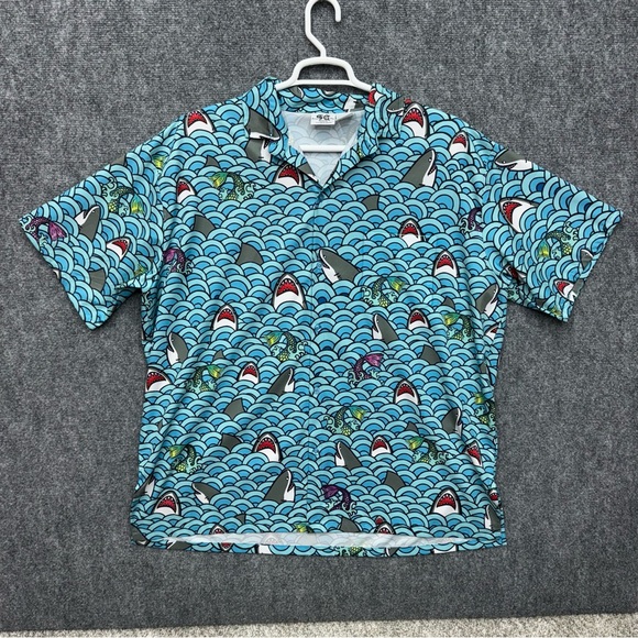 Funny Guy Creation button up shirt Hawaiian shirt Sharks Mermaids Men's size 2xl - Picture 1 of 7